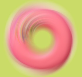 Image of Spinning donut with pink icing on light green background, motion effect