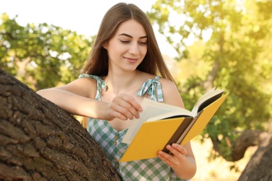 Young woman reading book on tree in park