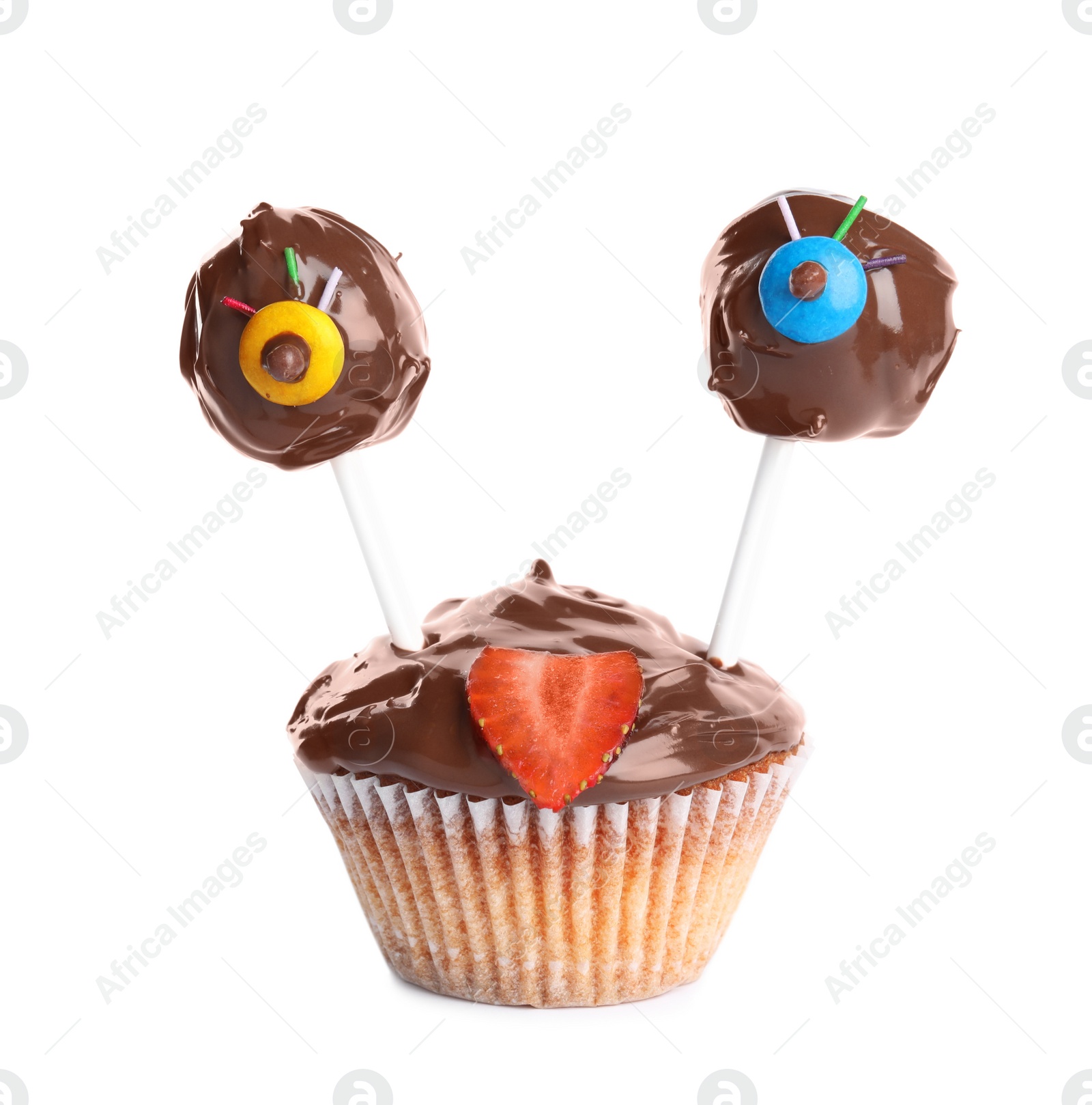 Photo of Delicious dessert decorated as monster on white background. Halloween treat