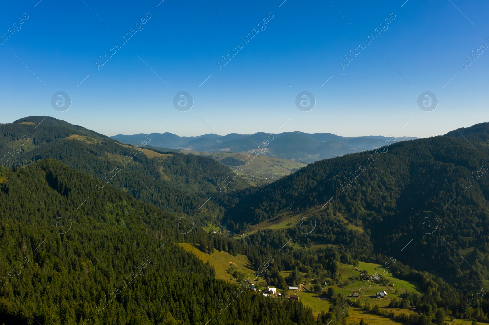 Image of Beautiful landscape with forest and village in mountains. Drone photography