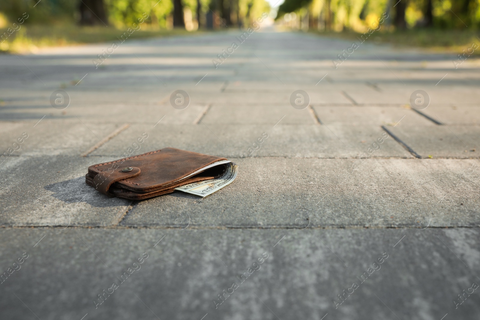 Photo of Brown leather purse on pavement outdoors, space for text. Lost and found