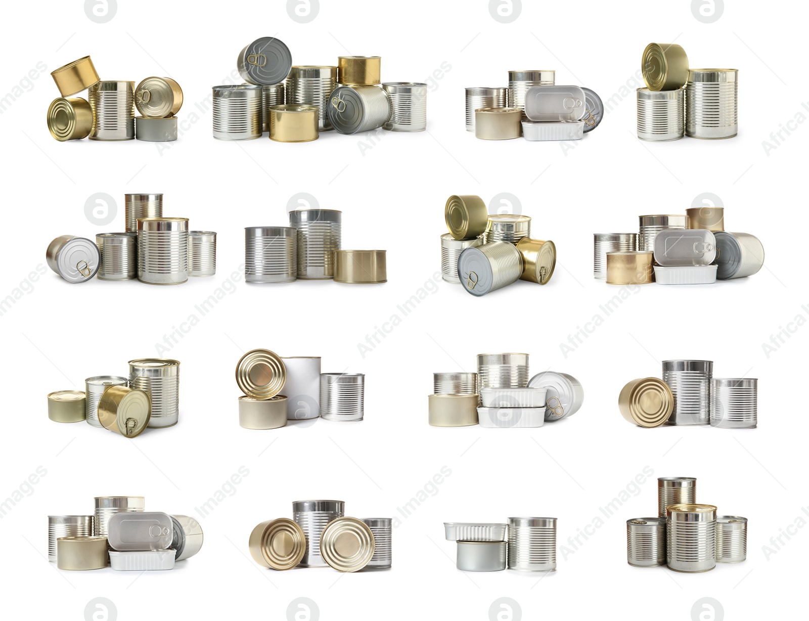 Image of Set with closed tin cans on white background