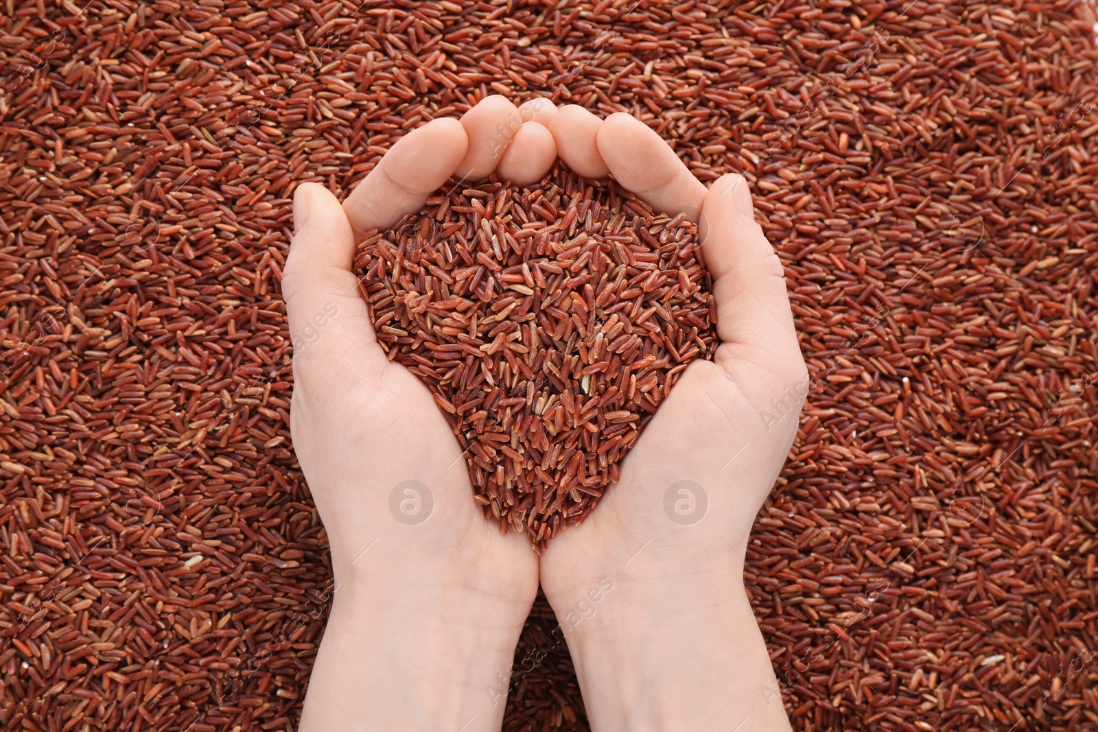 Photo of Woman holding brown rice over pile of grains, top view