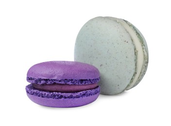 Photo of Different delicious colorful macarons on white background