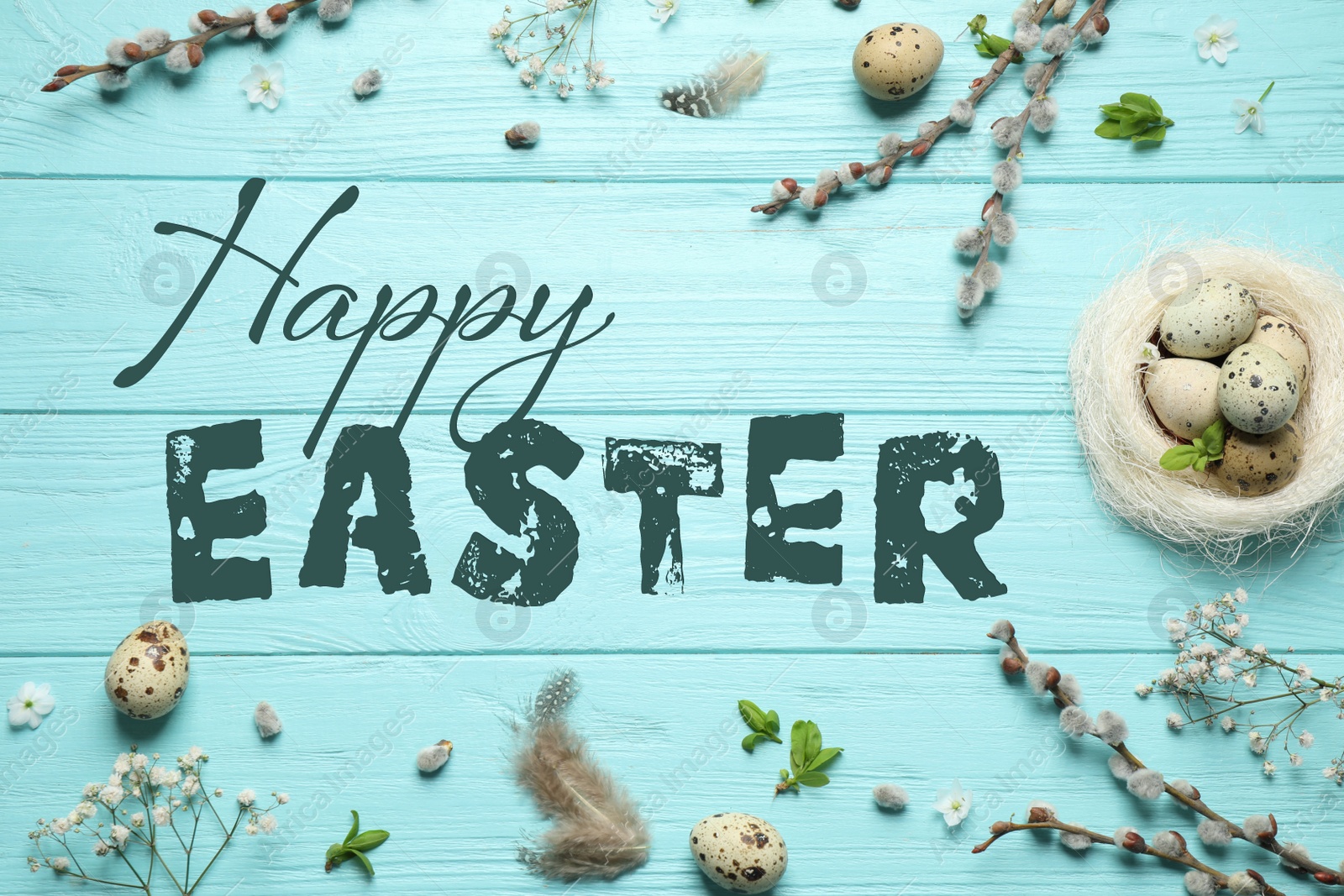 Image of Flat lay composition with text Happy Easter and eggs on light blue wooden background