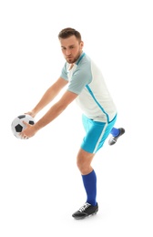 Photo of Young man playing football on white background