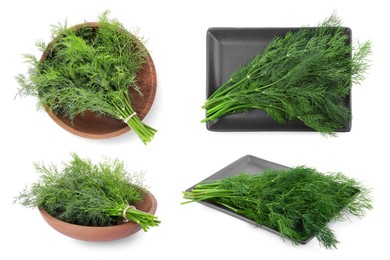 Collage with bunches of fresh dill isolated on white, top and side views