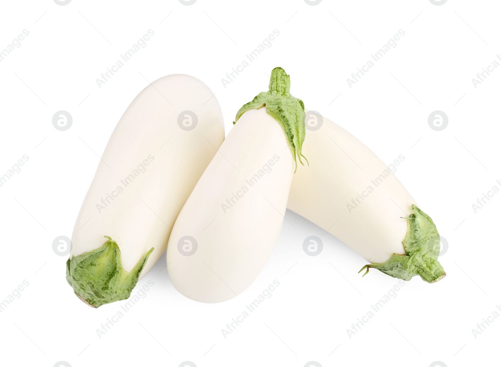 Photo of Three fresh white eggplants isolated on white