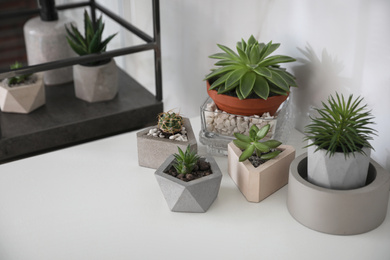 Photo of Different succulent plants in stylish flowerpots on white table indoors. Interior design