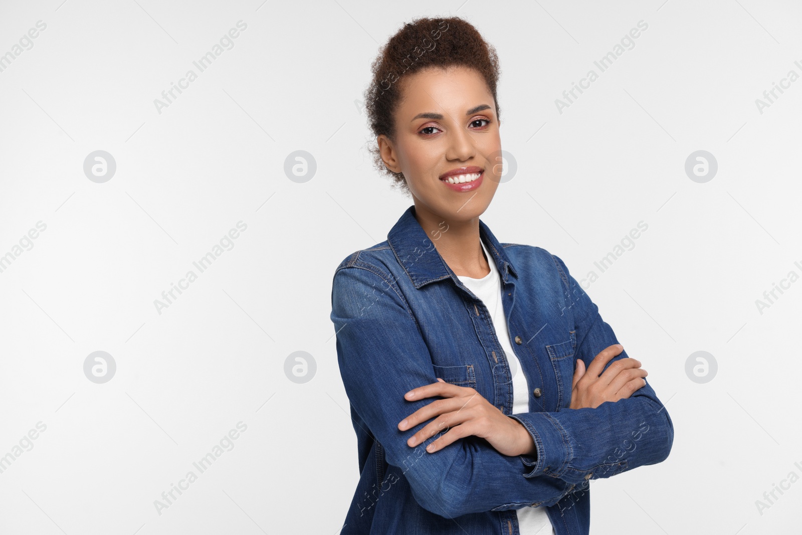 Photo of Portrait of beautiful young woman on white background. Space for text