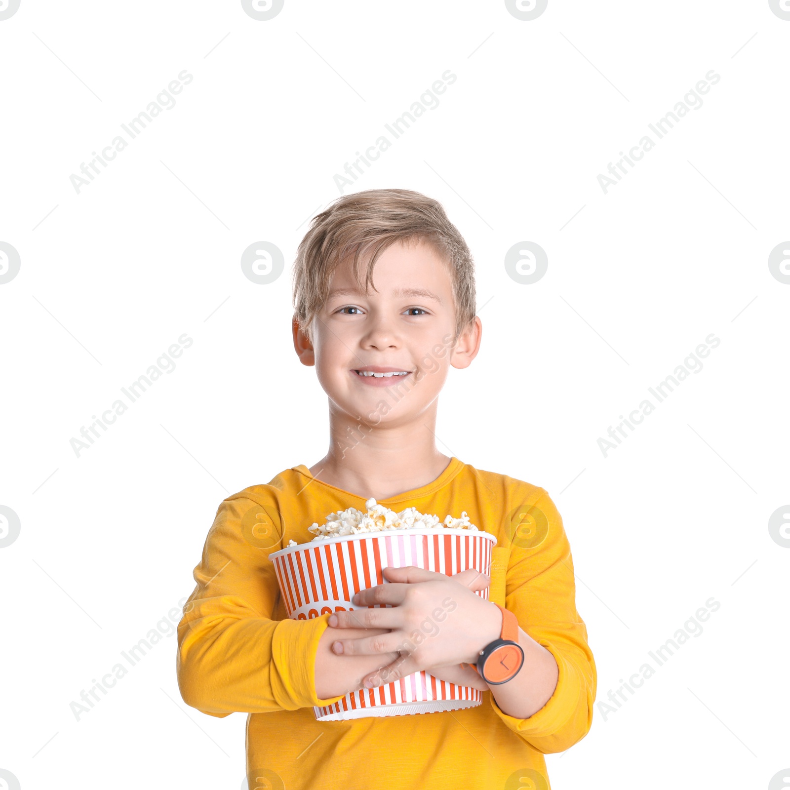 Photo of Cute boy with popcorn bucket isolated on white