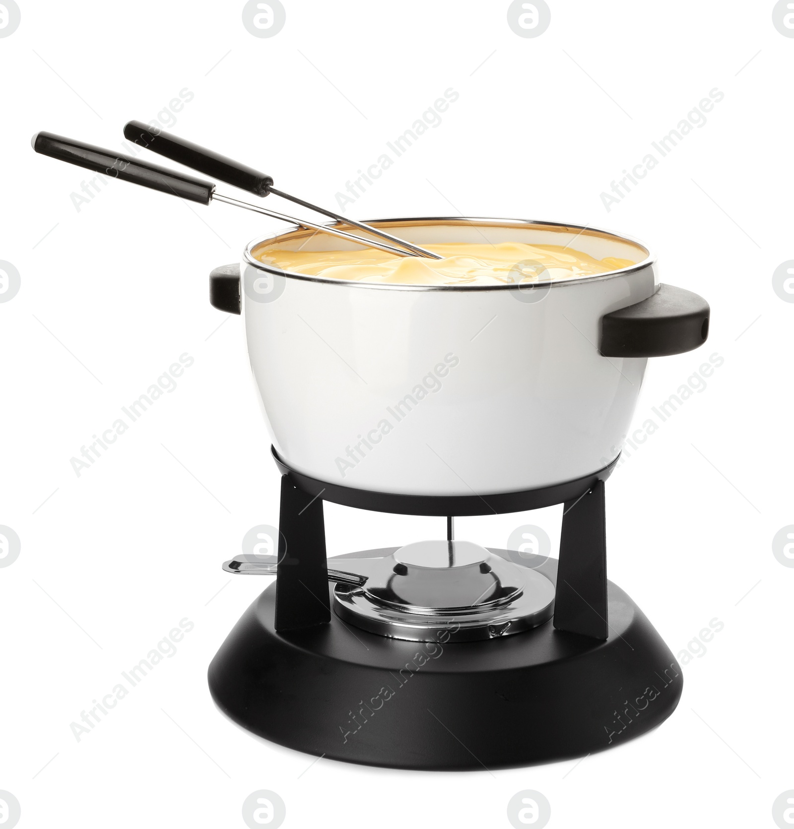 Photo of Pot with delicious cheese fondue and forks on white background