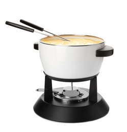 Photo of Pot with delicious cheese fondue and forks on white background