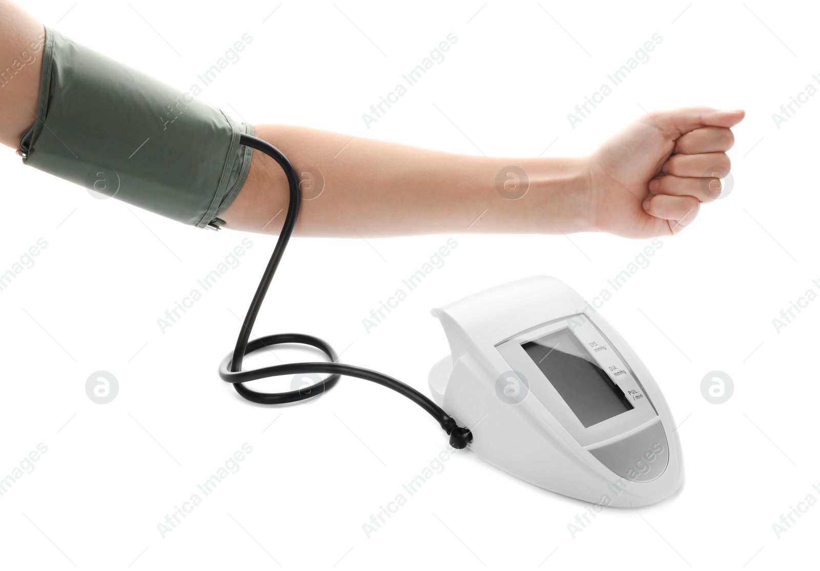 Photo of Woman using modern digital sphygmomanometer for checking blood pressure and pulse on white background