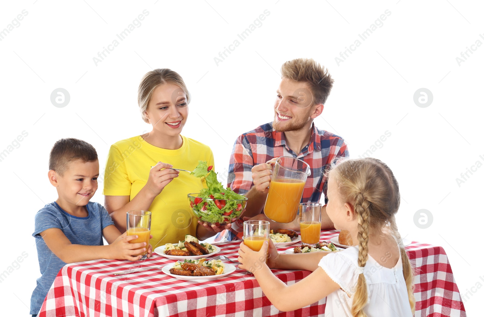 Photo of Happy family having picnic at table on white background