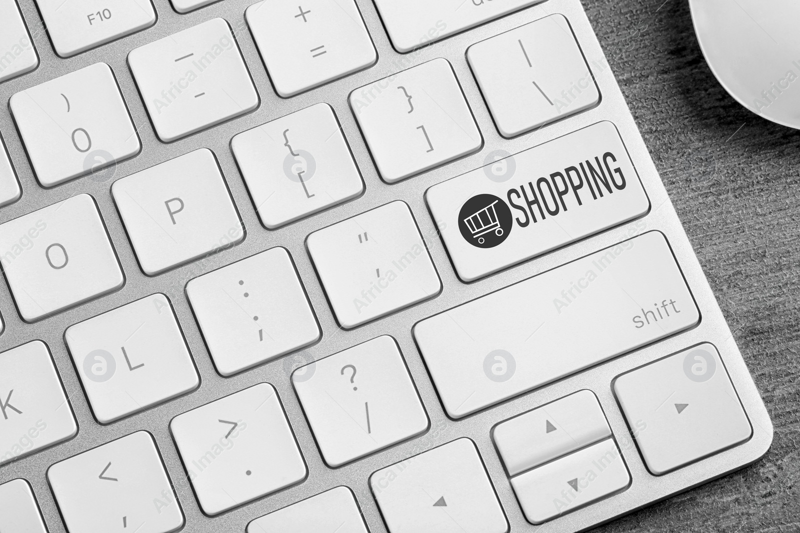 Image of Online store. Button with word SHOPPING on computer keyboard, top view
