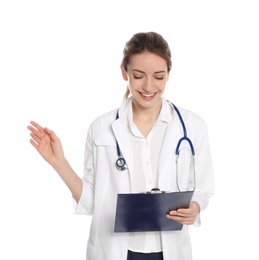 Photo of Portrait of medical doctor with clipboard and stethoscope isolated on white