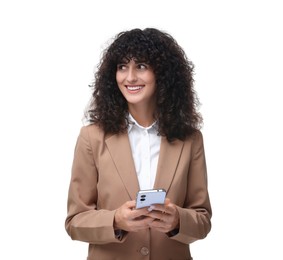 Woman sending message via smartphone isolated on white