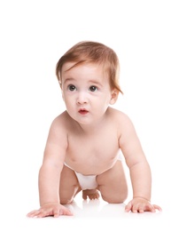 Photo of Cute little baby crawling on white background