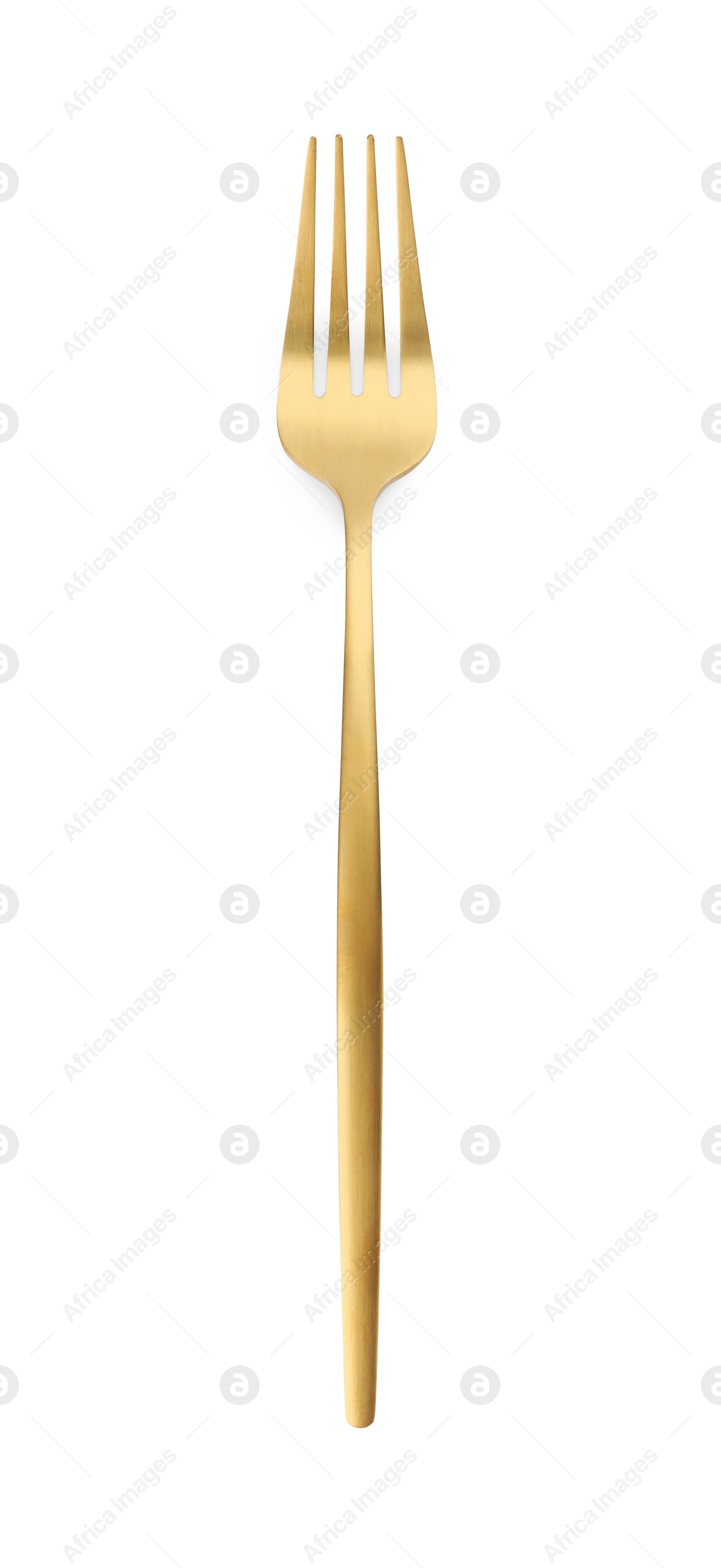 Photo of One shiny golden fork isolated on white, top view