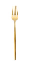 One shiny golden fork isolated on white, top view