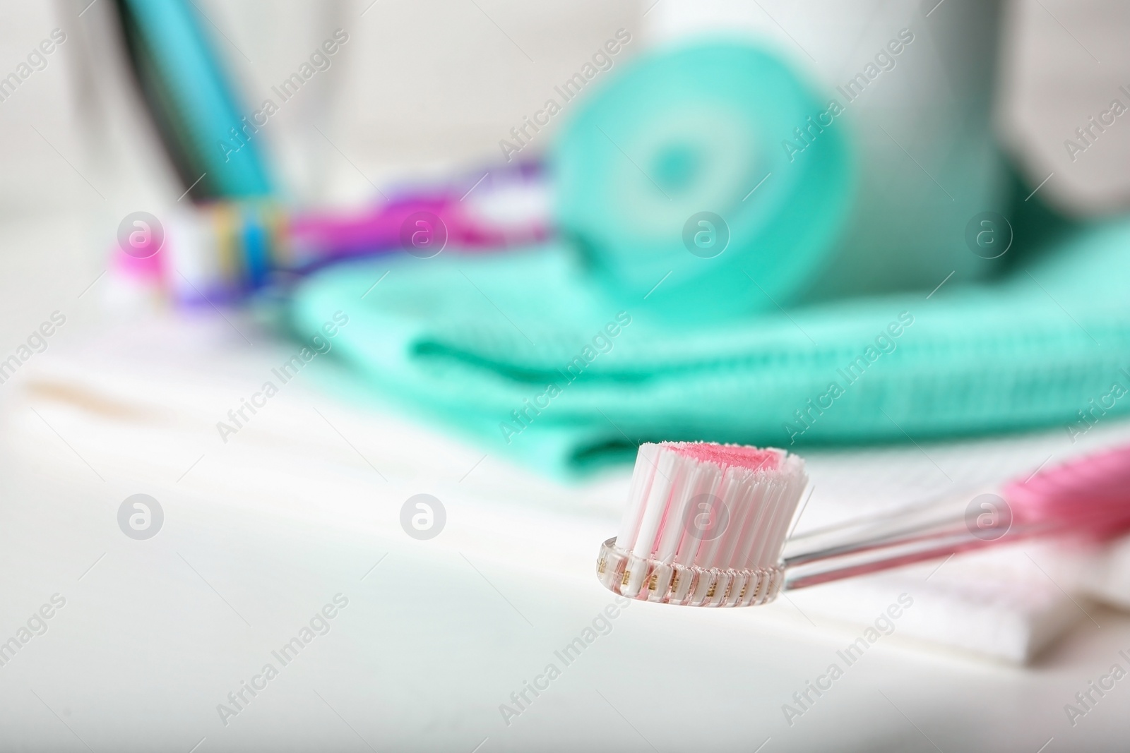 Photo of Manual toothbrush on table. Dental care