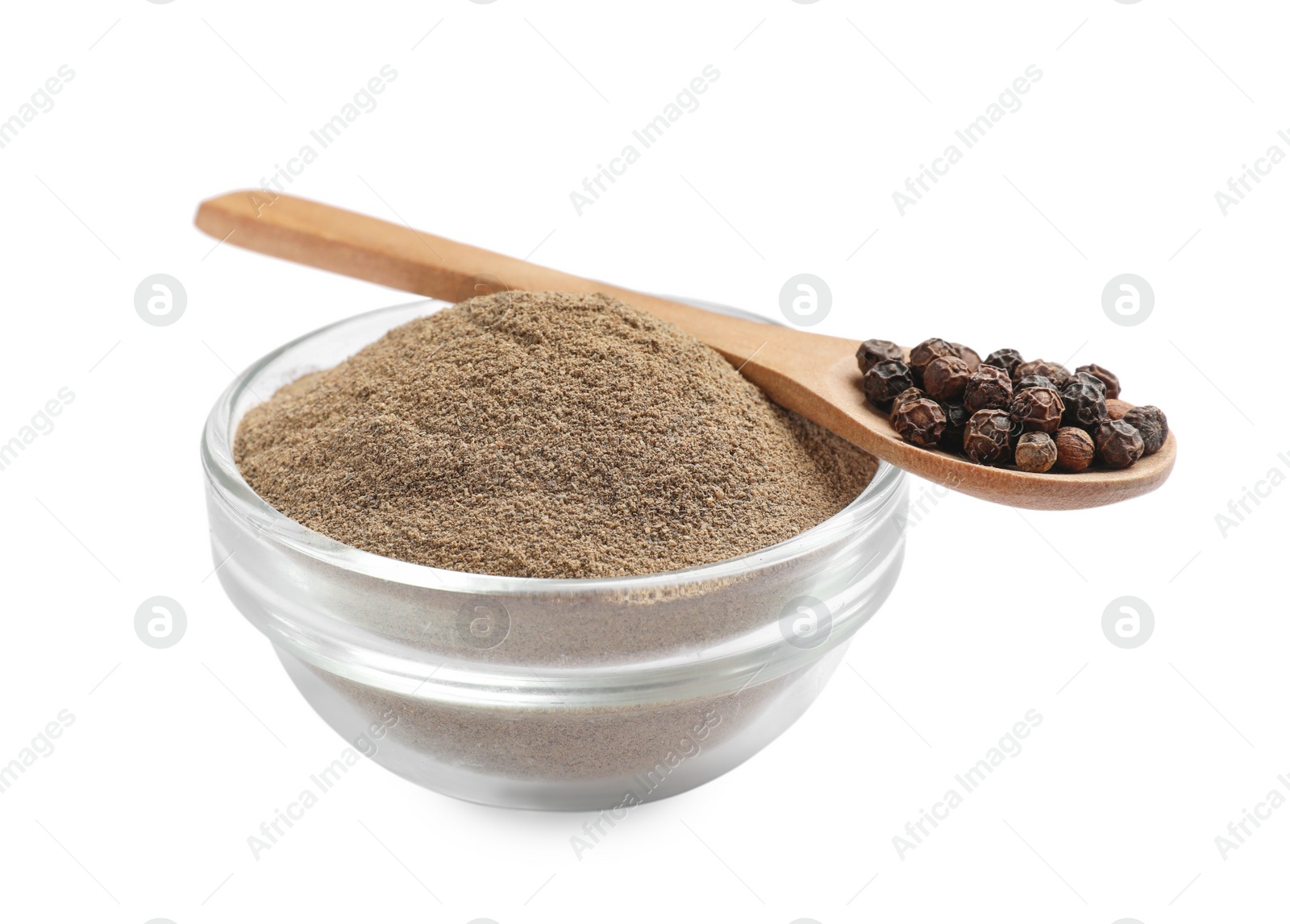 Photo of Aromatic spice. Ground and whole black pepper isolated on white