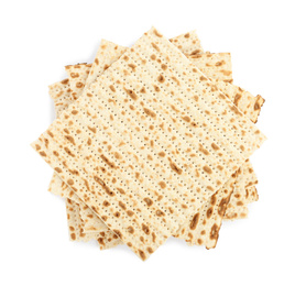 Photo of Passover matzos isolated on white, top view. Pesach celebration
