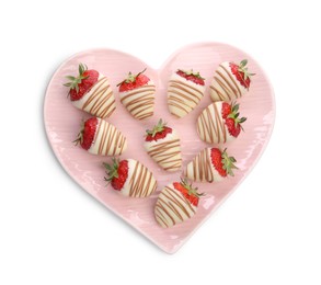 Photo of Heart shaped plate with delicious chocolate covered strawberries isolated on white, top view