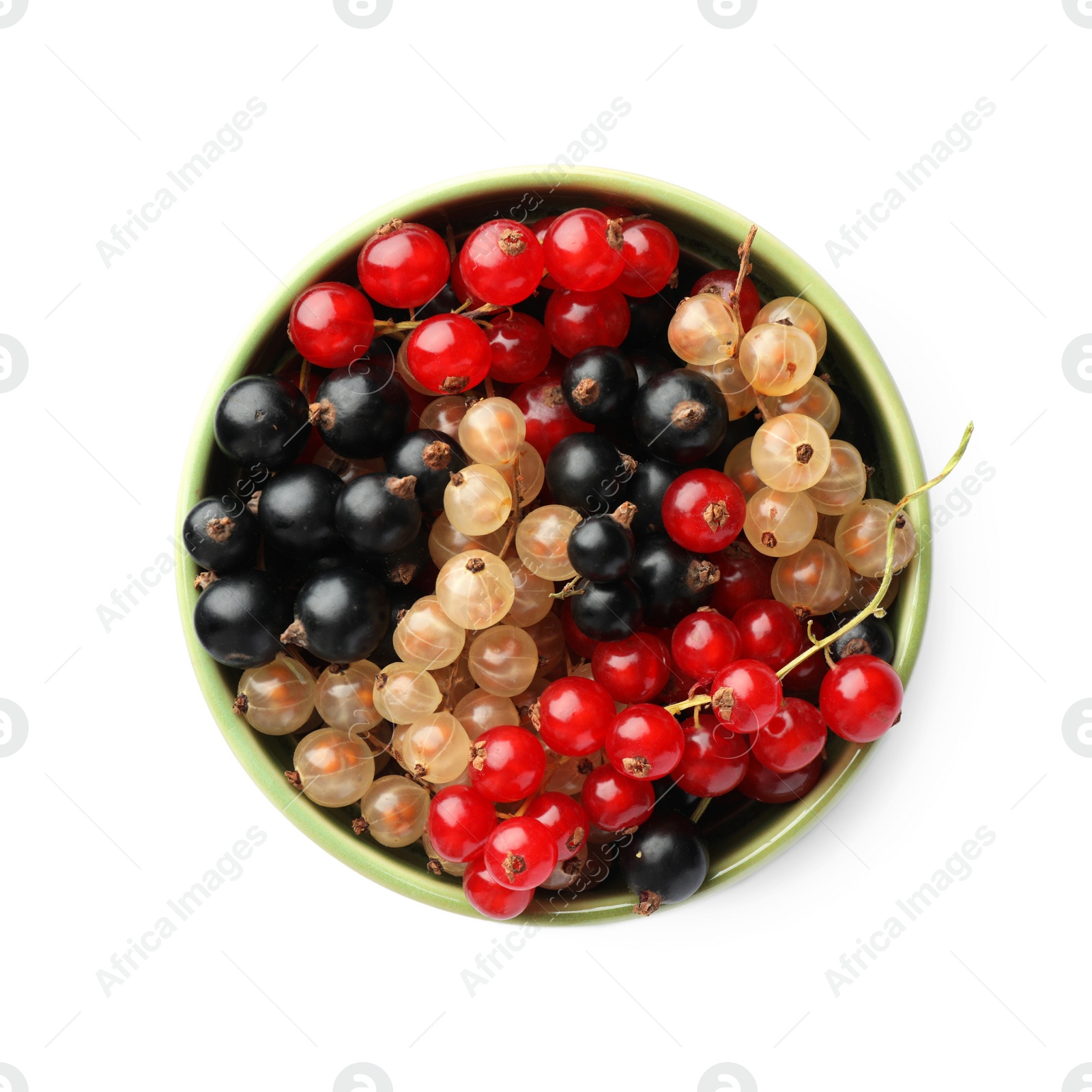 Photo of Bowl with fresh red, white and black currants isolated on white, top view