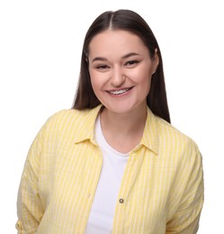 Smiling woman with dental braces on white background