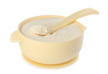 Photo of Dry healthy baby food in bowl on white background