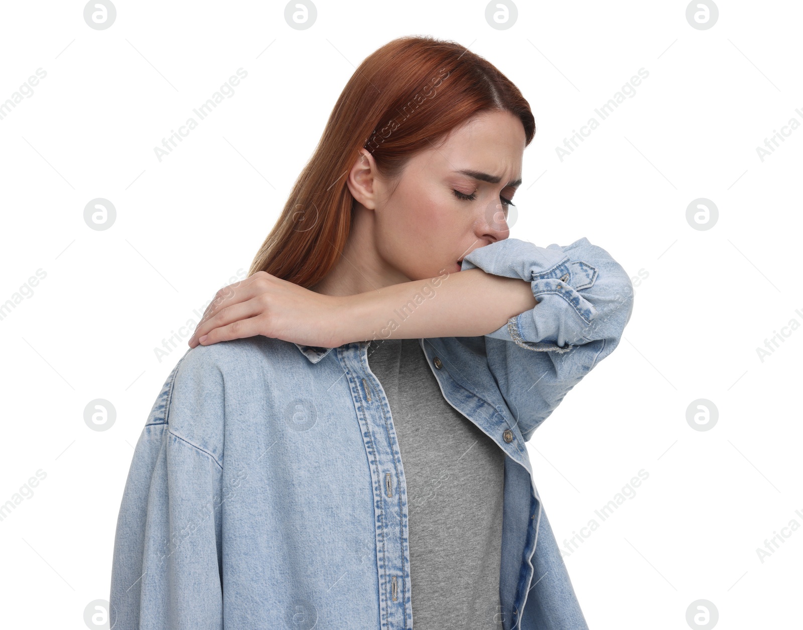 Photo of Woman coughing on white background. Cold symptoms