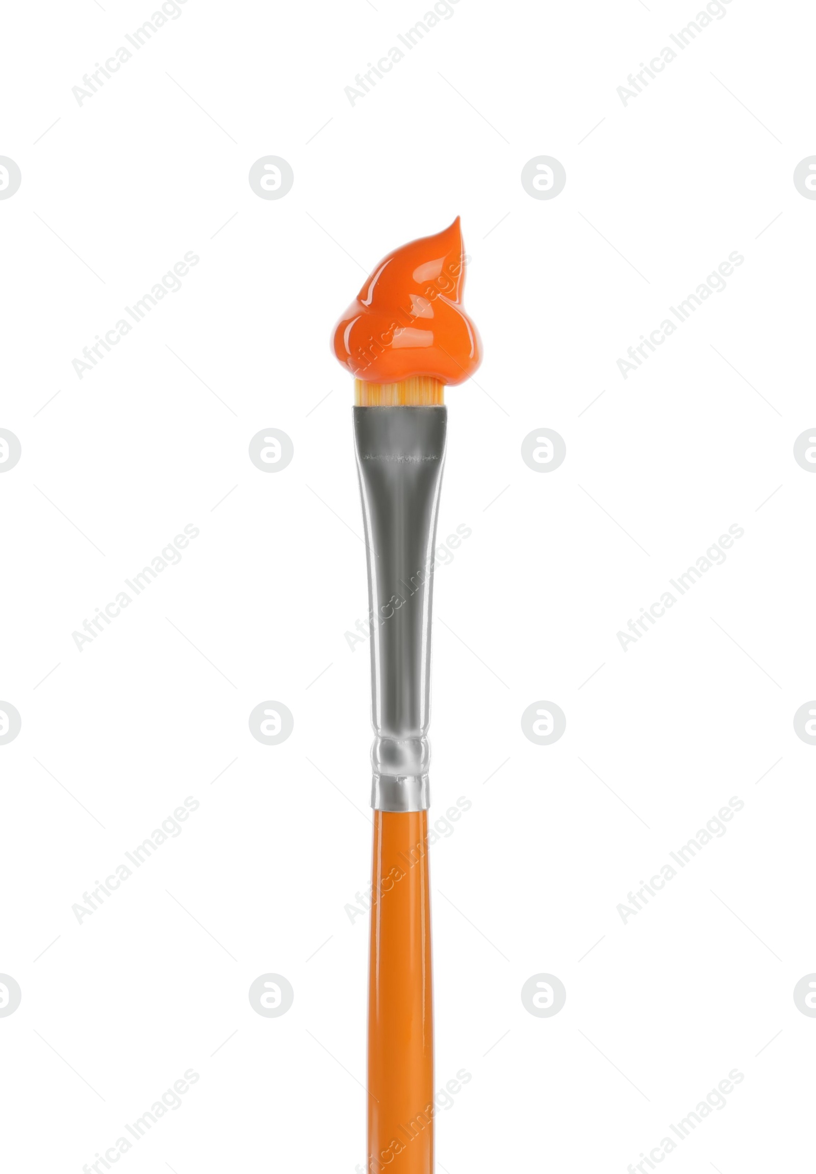 Photo of Brush with orange paint isolated on white