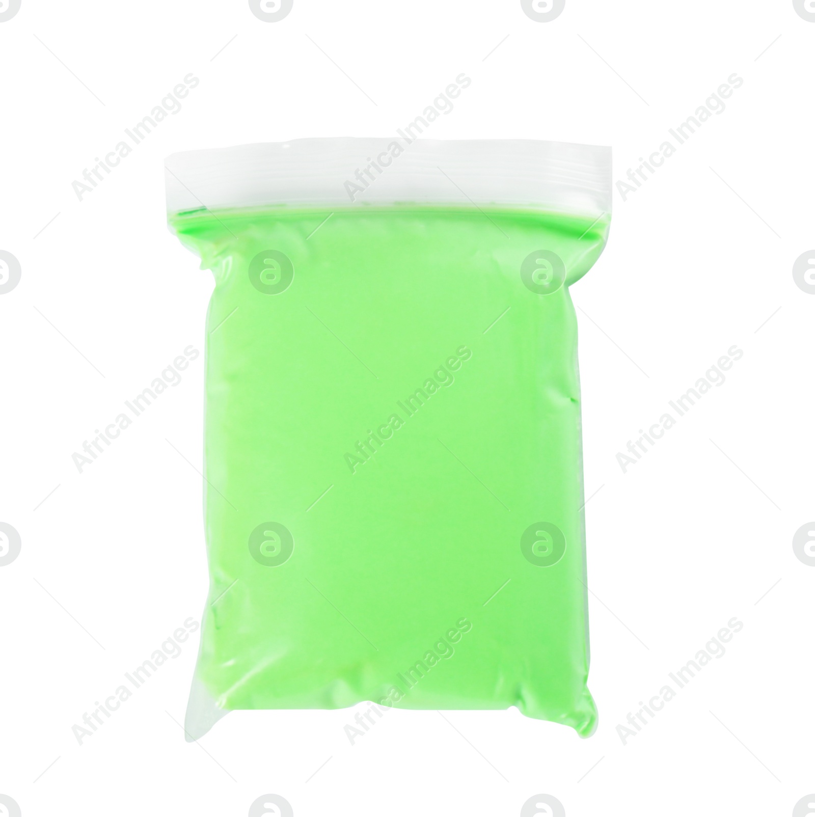 Photo of Package of green play dough on white background, top view