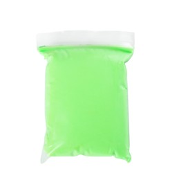 Package of green play dough on white background, top view