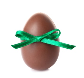 Photo of Tasty chocolate Easter egg with bow knot on white background