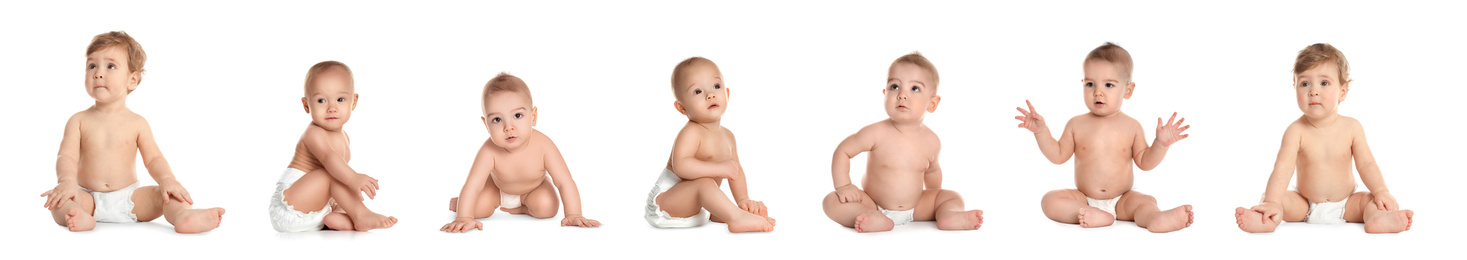 Collage of cute little babies on white background. Banner design