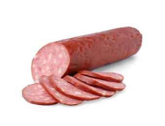 Delicious cut smoked sausage isolated on white