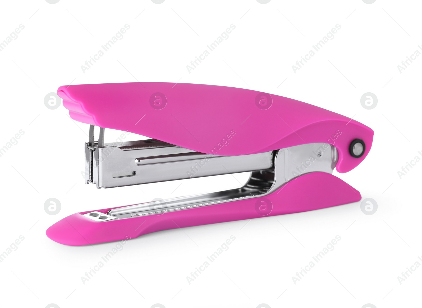 Photo of New bright pink stapler isolated on white