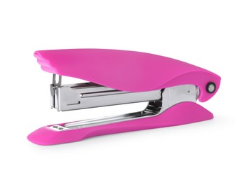 Photo of New bright pink stapler isolated on white