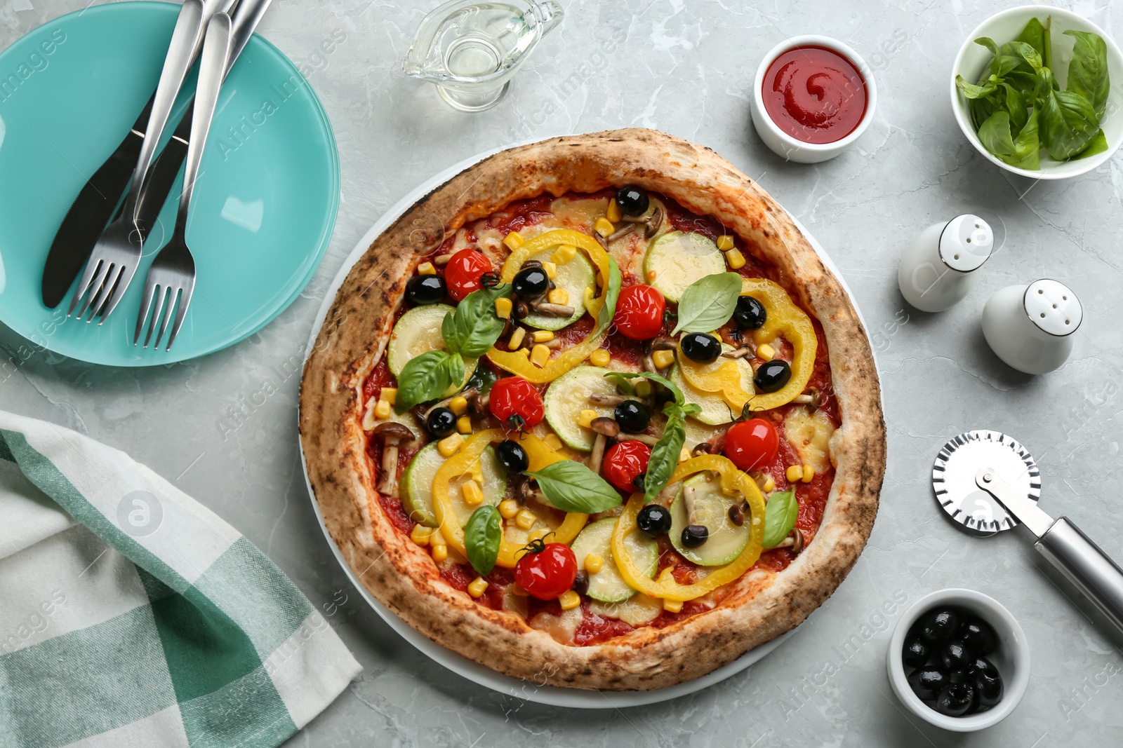 Photo of Flat lay composition with vegetable pizza on light grey table