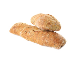 Photo of Tasty mini baguettes isolated on white. Fresh bread