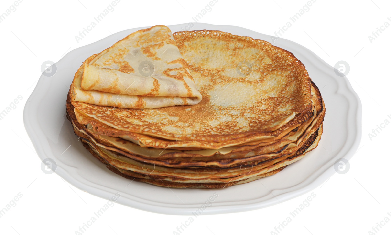 Photo of Stack of delicious crepes on plate against white background