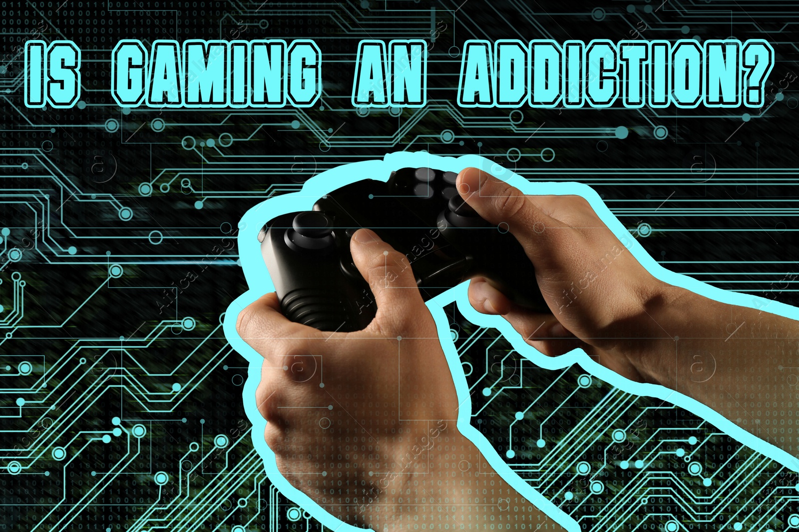 Image of Gaming disorder. Man holding gamepad against circuit board pattern, closeup