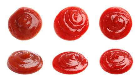 Set of tasty ketchup drops on white background, top and side views. Tomato sauce