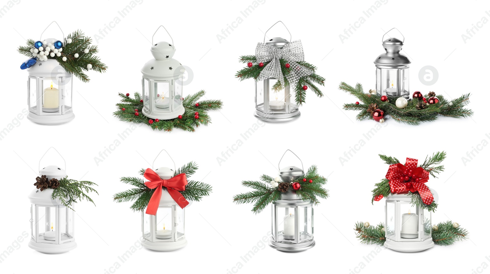 Image of Set with beautiful decorative Christmas lanterns on white background, banner design