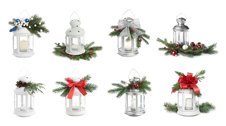 Image of Set with beautiful decorative Christmas lanterns on white background, banner design