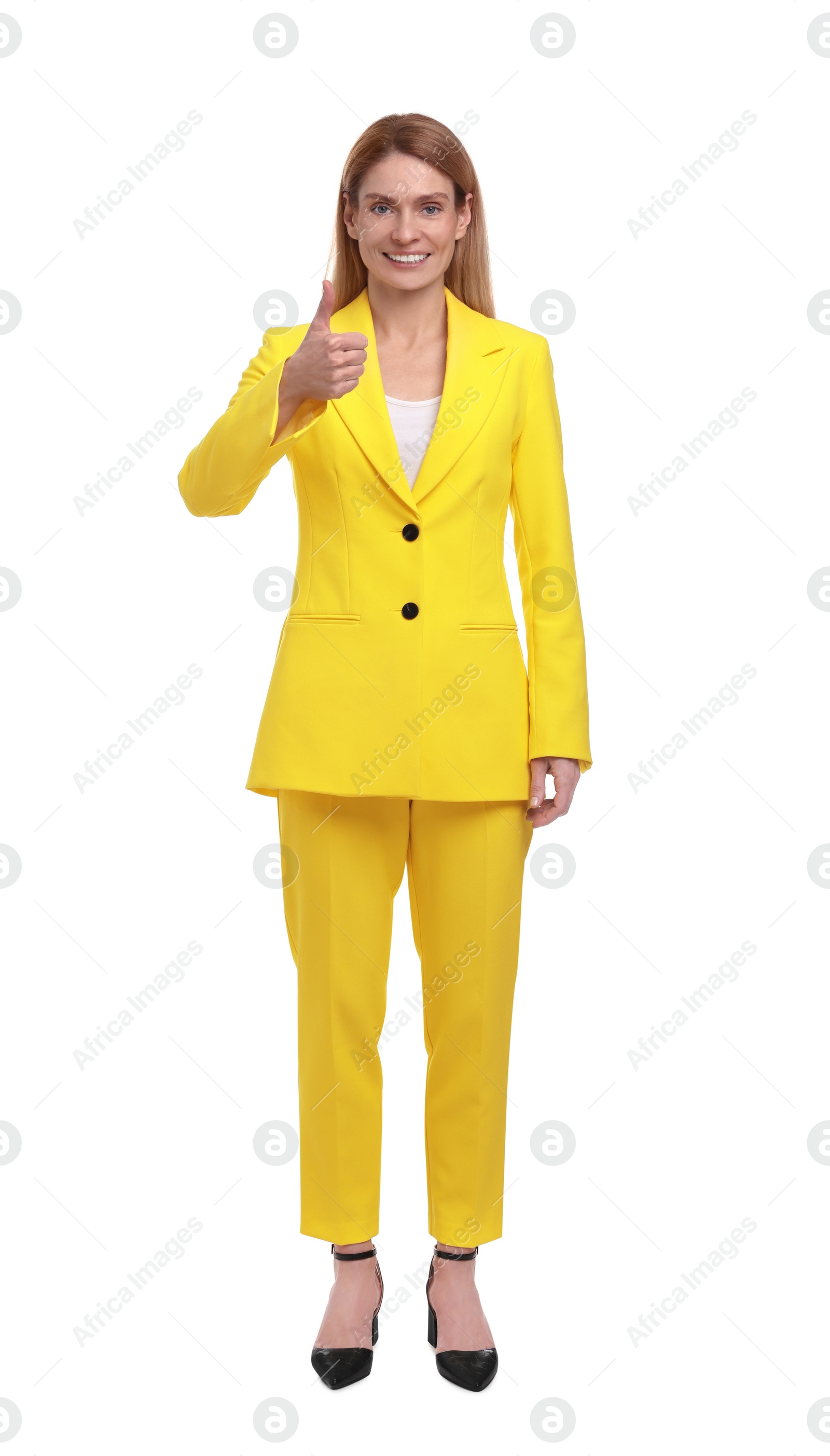 Photo of Beautiful happy businesswoman showing thumb up on white background