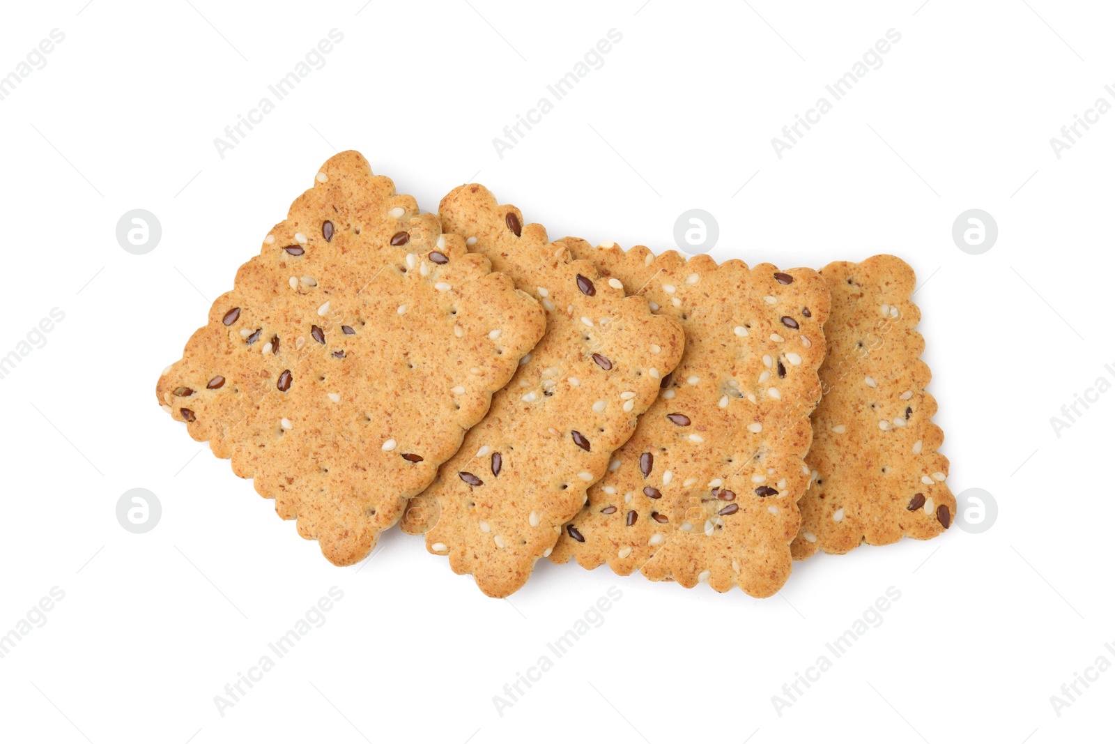 Photo of Cereal crackers with flax and sesame seeds isolated on white, top view